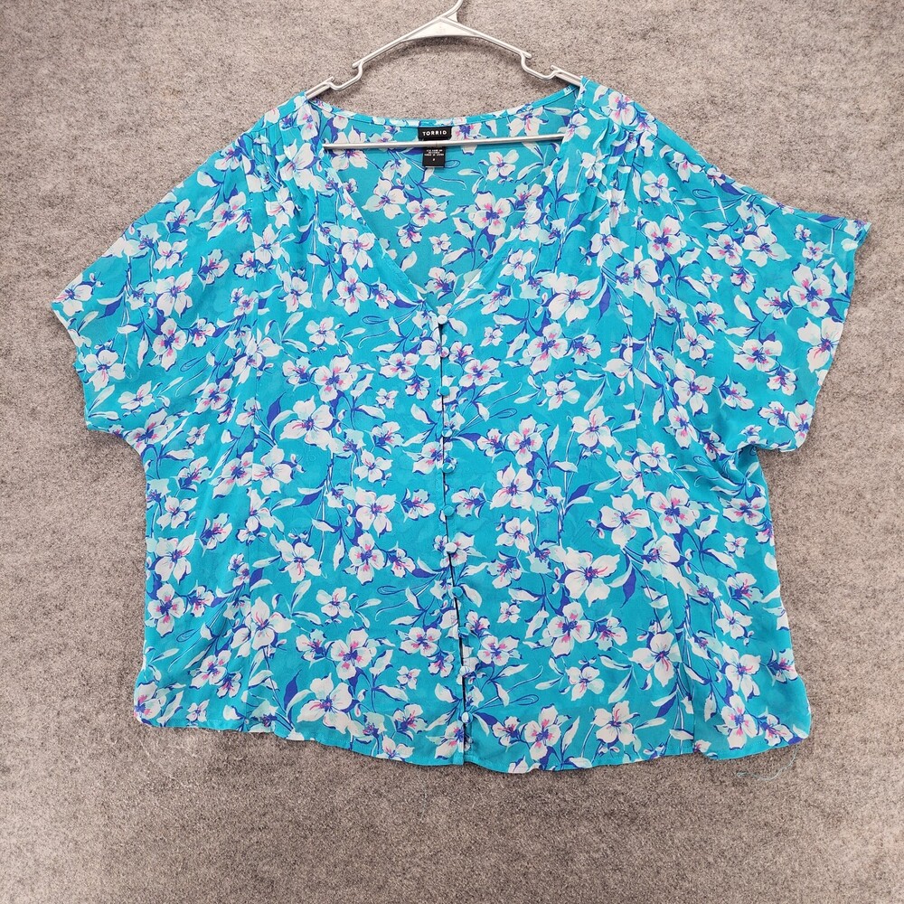 Torrid Blouse Womens 2X Short Sleeve Button Up Blue Floral